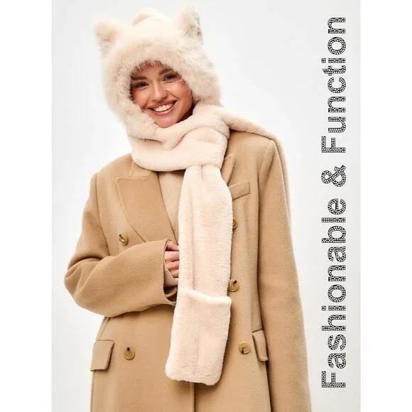 Kids Beige Faux fur Cute Cat Ears Winter Hat, 3 in 1 Plush Animal Hat Imported